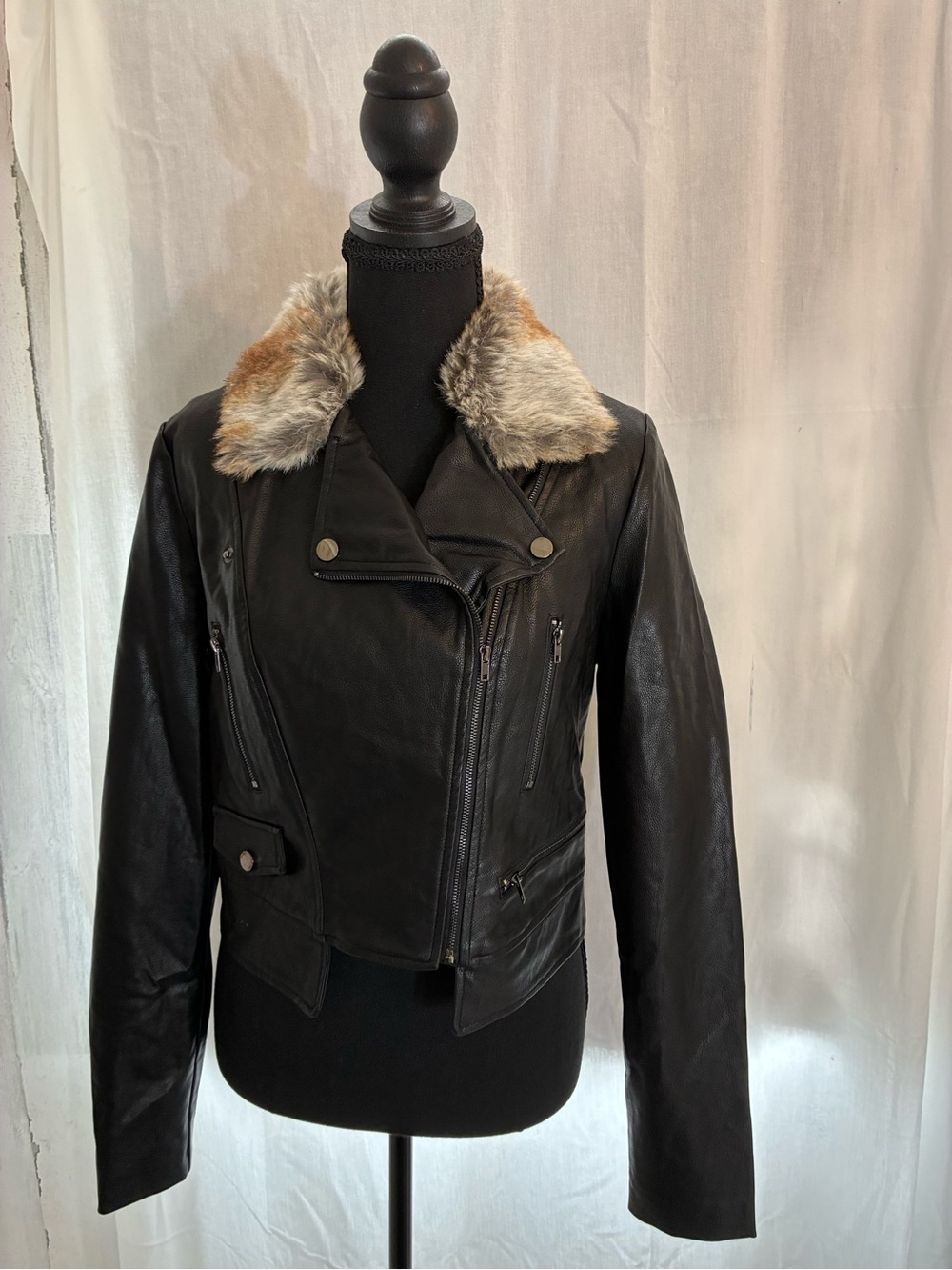 Windsor Black faux Leather Jacket with Faux Fur Trim